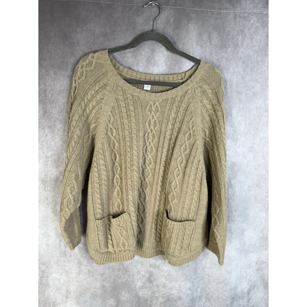 Garnet Hill Tan Cable Knit Curved Hem Patch Pocket Sweater Womens M